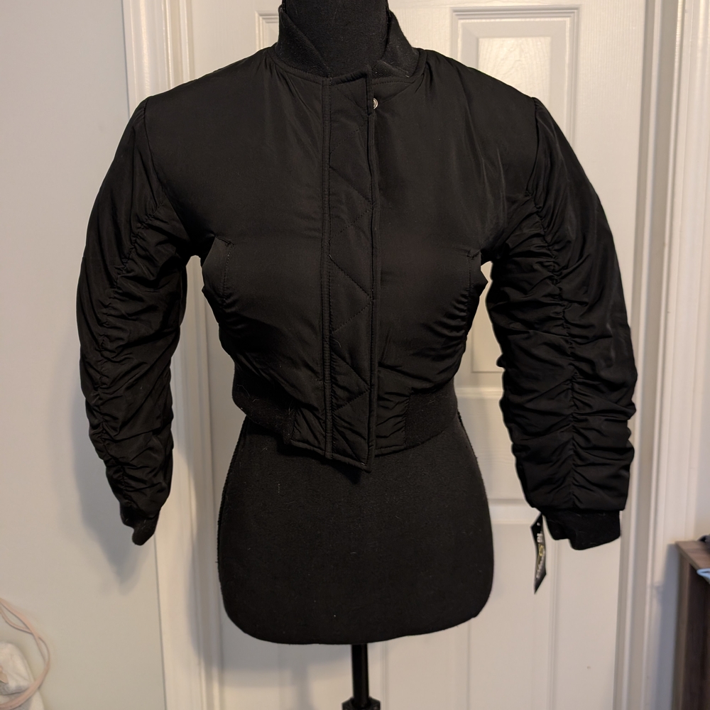 Source Unknown Black Ruched Bomber Jacket